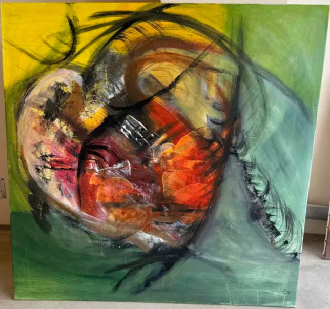 Abstract painting with swirling colors on a green background