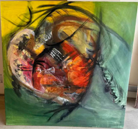 Abstract painting with swirling colors on a green background